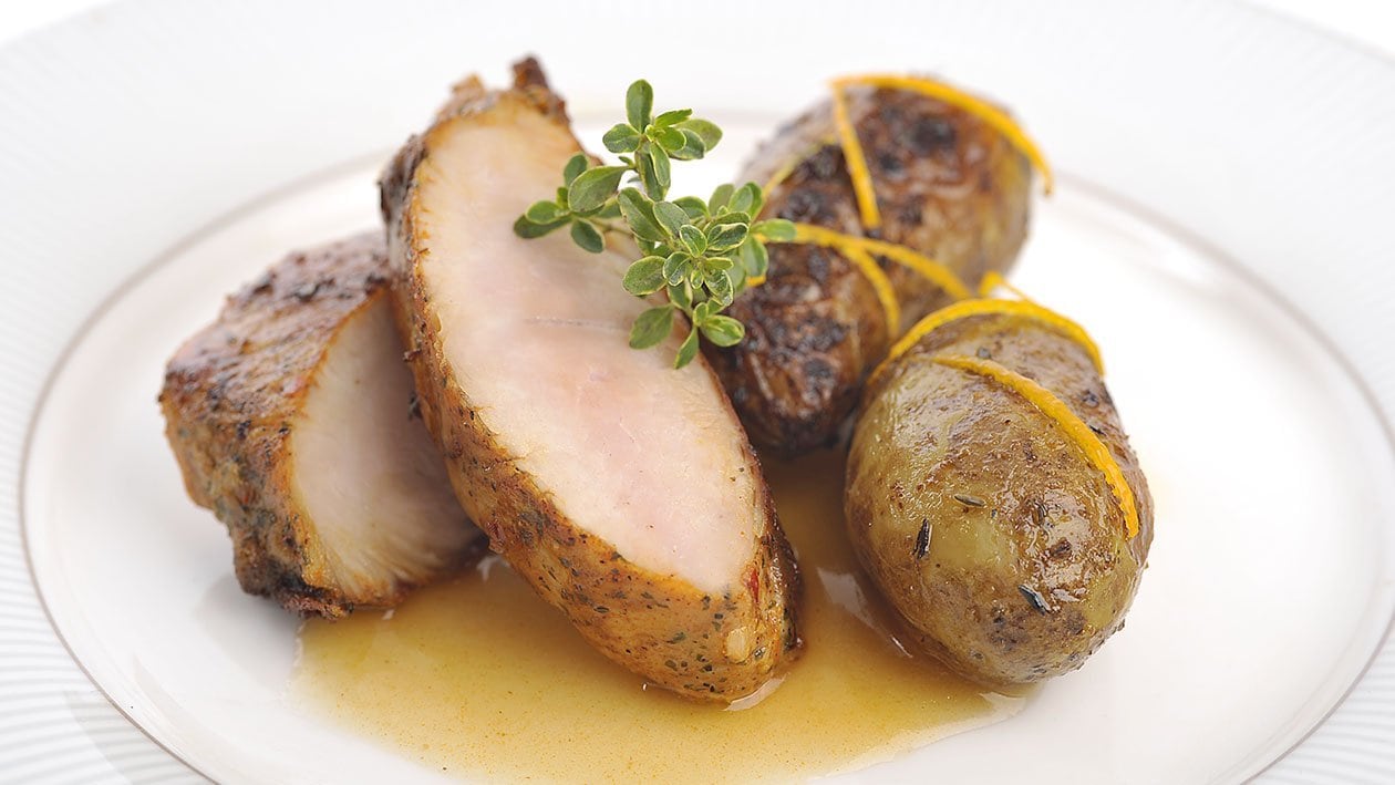 Kalkunfilet med appelsinsjy og timianpotet – - Oppskrift