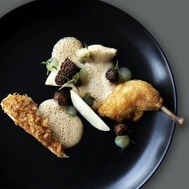 Vårkylling med saltbakt selleri, syrlig eplepuré og morkelsaus Vårkylling med saltbakt selleri, syrlig eplepuré og morkelsaus