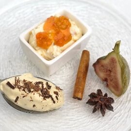 Juletrio med Rooibosfiken, multekrem og hvit sjokolademousse Juletrio med Rooibosfiken, multekrem og hvit sjokolademousse