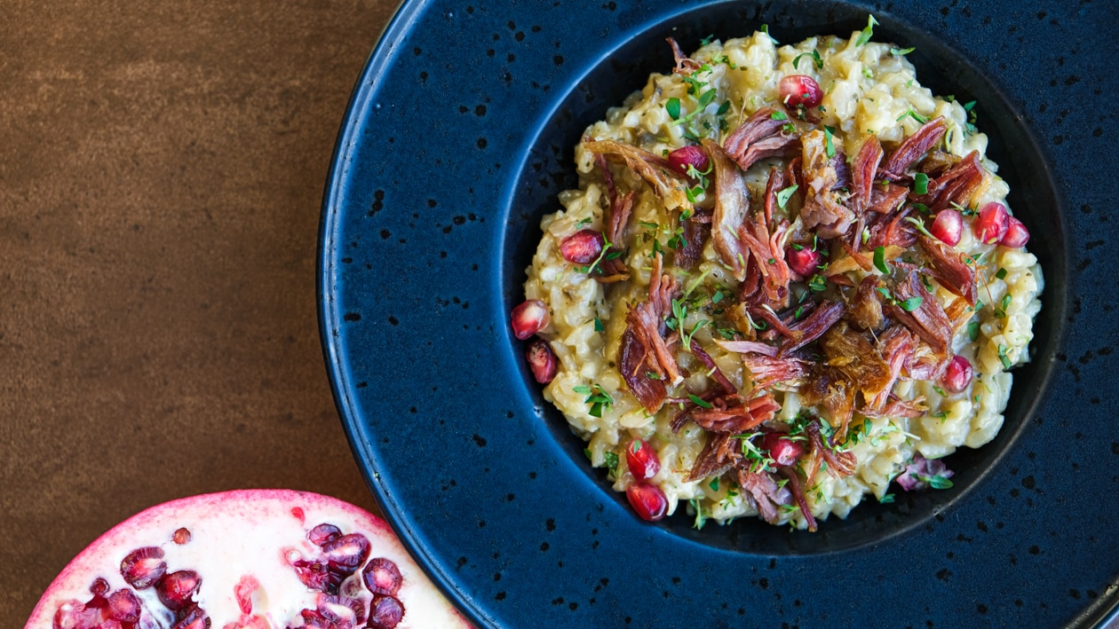 Steinsopp Risotto med pinnekjøtt og granateple – - Oppskrift