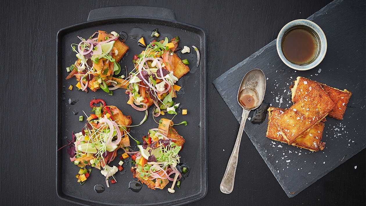 Stekt polenta crostini med grønnsaks-ceviche – - Oppskrift